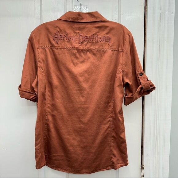 Harley Davidson Motorcycles rust terracotta button down shirt women's medium - Picture 1 of 6